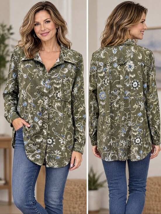 Mainstreet Blues Tops - Mainstreet Blues Olive Floral-Print Button-Down Shirt